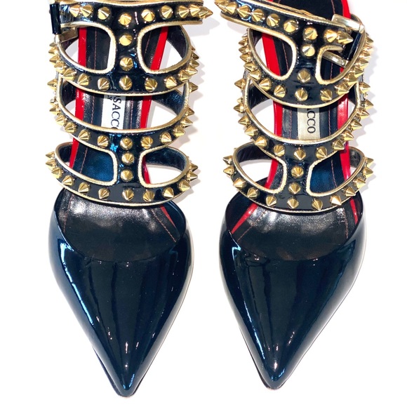 Francesco Sacco Black Patent w/Gold Studs & Red Trim, Ankle Strap, Sz 7.5, Italy - Picture 4 of 15